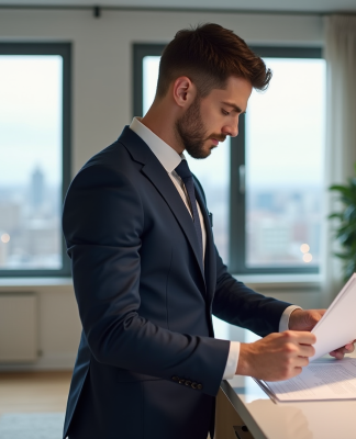 Jeune homme en costume vérifiant dossier de location dans un appartement moderne