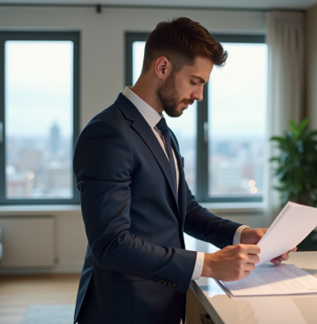 Jeune homme en costume vérifiant dossier de location dans un appartement moderne