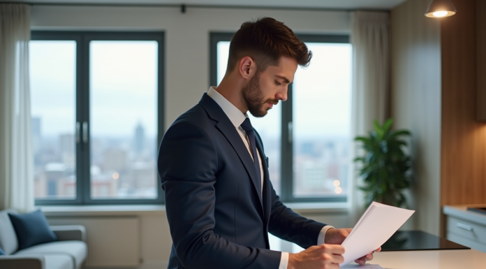 Jeune homme en costume vérifiant dossier de location dans un appartement moderne