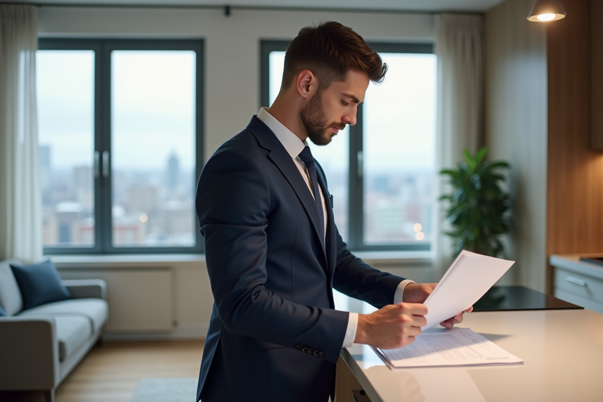 Jeune homme en costume vérifiant dossier de location dans un appartement moderne