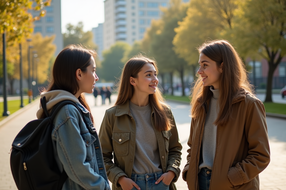Trois adolescents discutant dans un parc en ville ensoleille