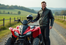 Homme souriant en motocross avec quad en campagne