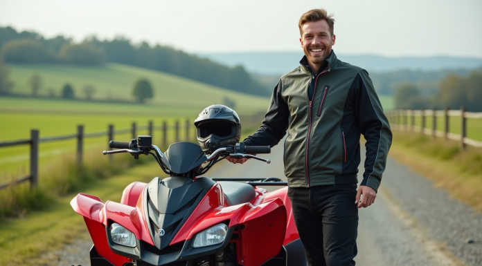 Homme souriant en motocross avec quad en campagne