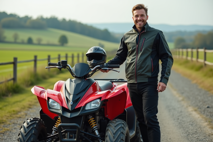 Homme souriant en motocross avec quad en campagne