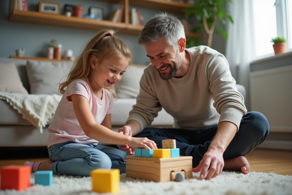 Père et fille jouant avec des blocs de construction à la maison