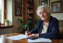 Femme senior concentrée à gérer ses finances à la maison