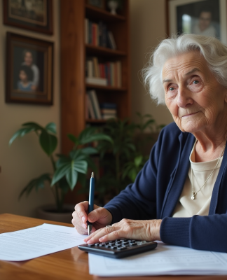 Femme senior concentrée à gérer ses finances à la maison