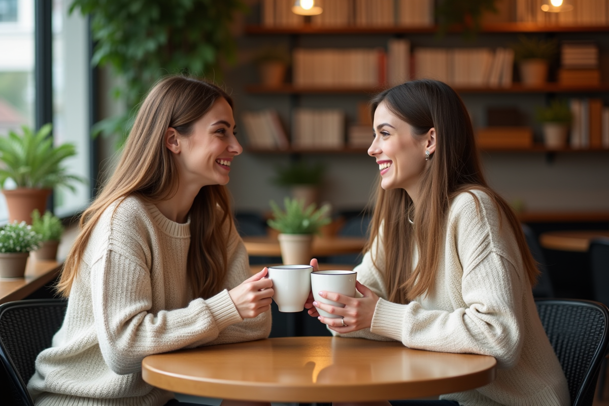 Deux femmes discutant dans un café chaleureux et moderne