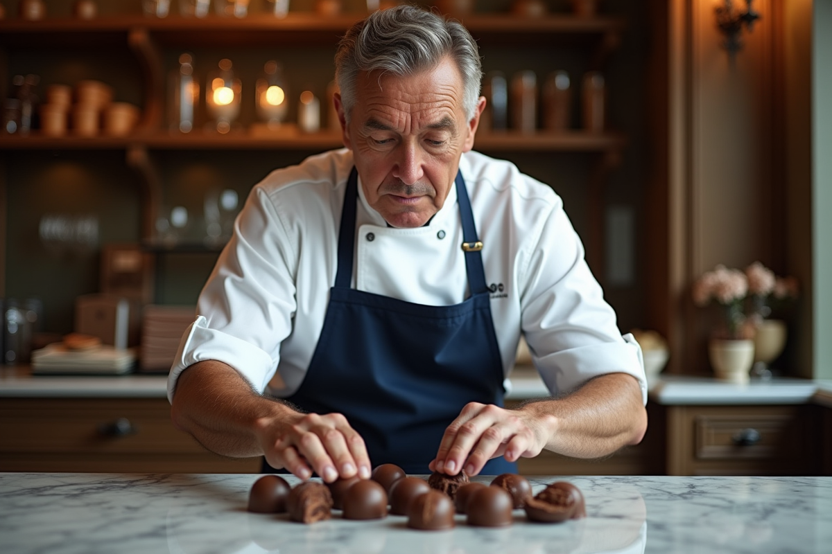 Chocolatier français arrangeant des bonbons en chocolat