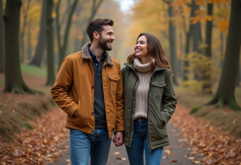 Cadeau duo : les meilleures expériences à deux Couple souriant en forêt automnale avec feuilles mortes