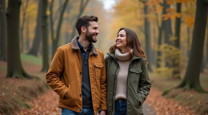Couple souriant en forêt automnale avec feuilles mortes