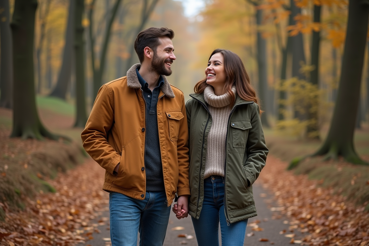 Couple souriant en forêt automnale avec feuilles mortes
