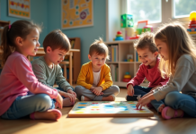 Théorie de l’apprentissage par le jeu : définition, enjeux et méthode Enfants de 6 a 8 ans jouant en groupe dans une classe lumineuse
