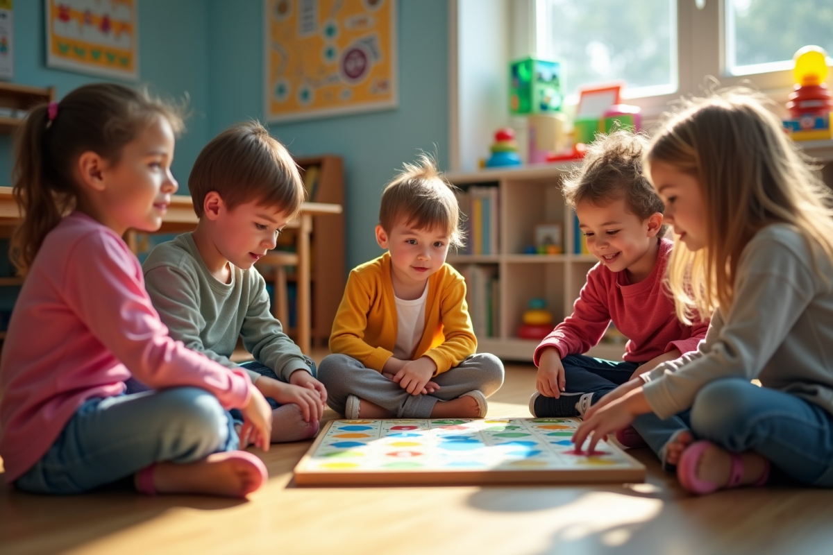 Enfants de 6 a 8 ans jouant en groupe dans une classe lumineuse