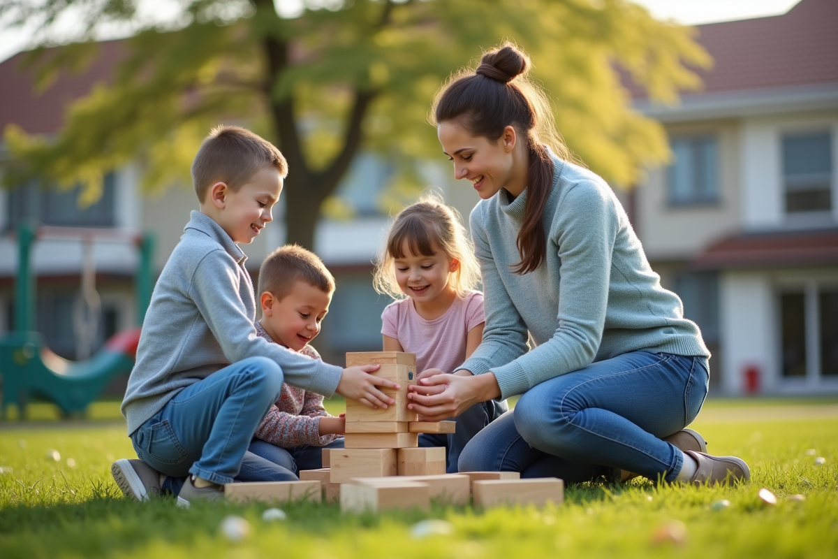 Jeune enseignante aidant des enfants à construire une tour en extérieur