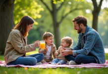 10 idées d’activités du week-end pour s’évader en famille Famille de quatre lors d'un pique-nique dans un parc verdoyant