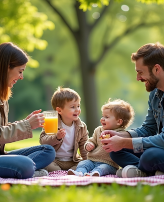 Famille de quatre lors d'un pique-nique dans un parc verdoyant