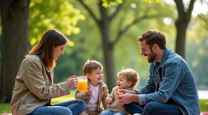 Famille de quatre lors d'un pique-nique dans un parc verdoyant