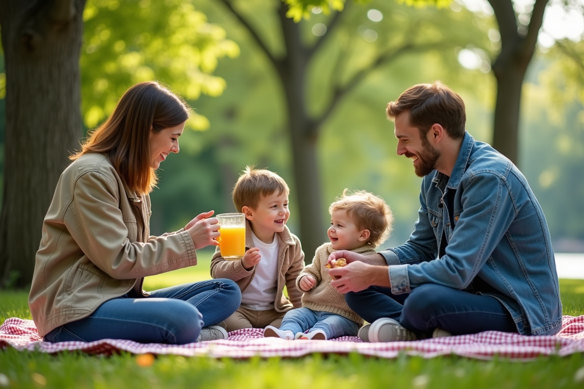 Famille de quatre lors d'un pique-nique dans un parc verdoyant