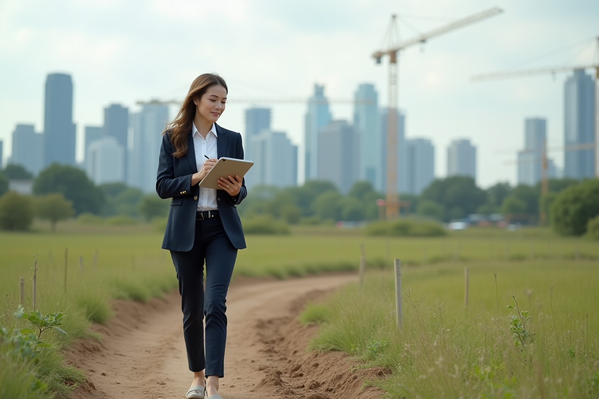Femme urbaniste marche sur un terrain en construction