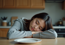 Effets du manque de nourriture sur le cerveau : que se passe-t-il quand on ne mange pas assez ? Jeune femme fatiguée dans sa cuisine en fin de journée
