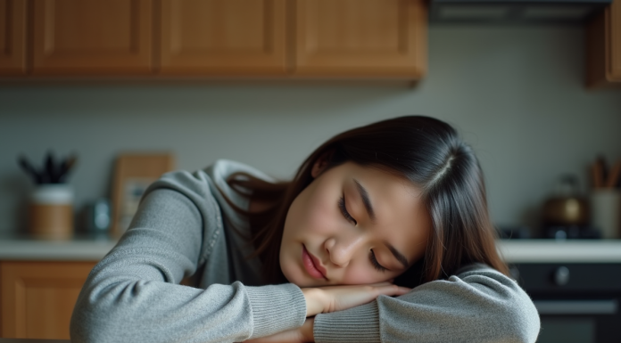 Jeune femme fatiguée dans sa cuisine en fin de journée