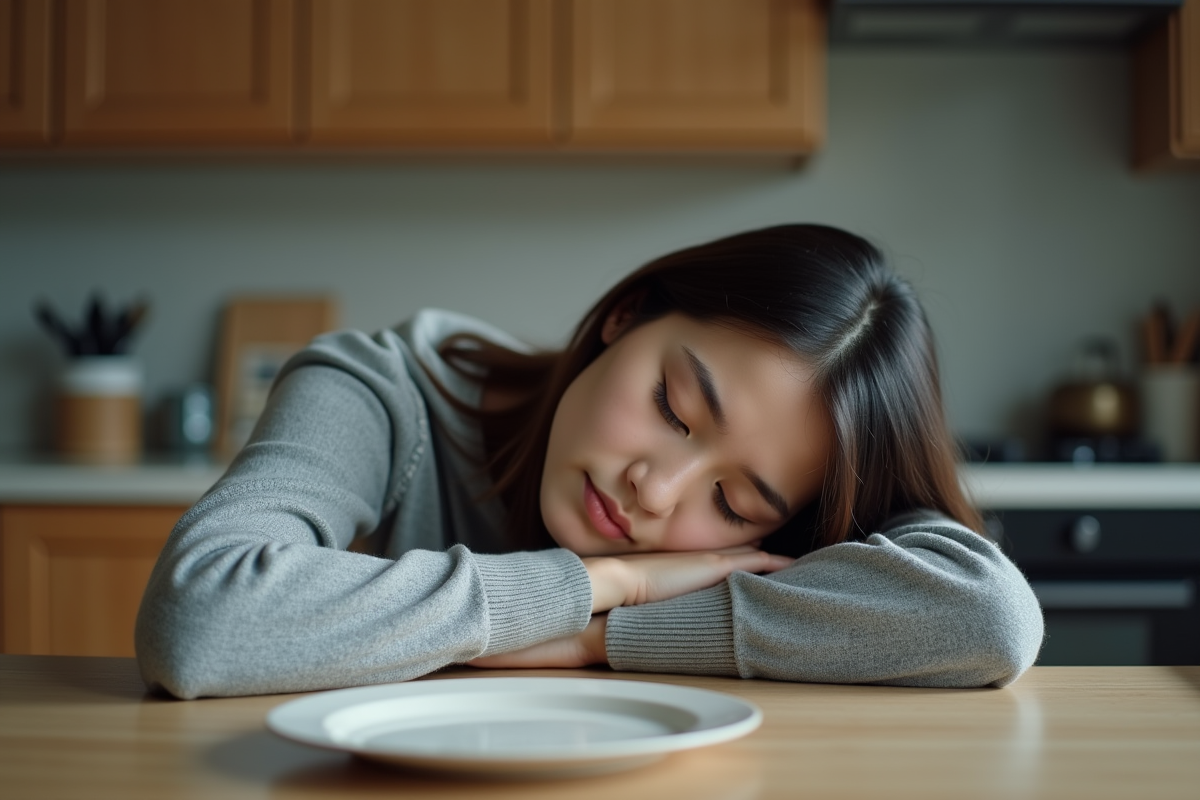 Jeune femme fatiguée dans sa cuisine en fin de journée