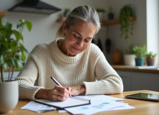 Femme d'âge moyen en tenue professionnelle dans une cuisine lumineuse