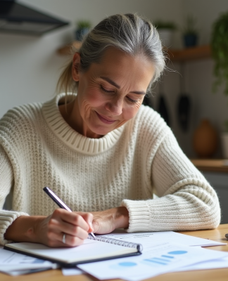 Femme d'âge moyen en tenue professionnelle dans une cuisine lumineuse