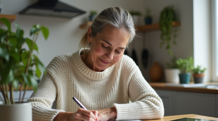 Femme d'âge moyen en tenue professionnelle dans une cuisine lumineuse
