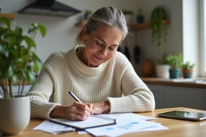 femme-finances-cuisine Femme d'âge moyen en tenue professionnelle dans une cuisine lumineuse