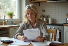 Femme d'âge moyen réfléchissant avec factures et calculatrice dans la cuisine