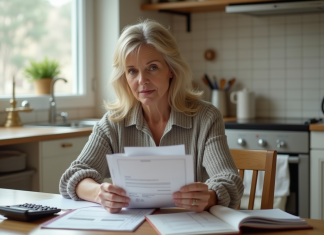 Femme d'âge moyen réfléchissant avec factures et calculatrice dans la cuisine