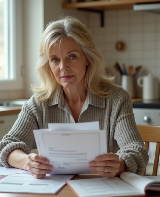 Femme d'âge moyen réfléchissant avec factures et calculatrice dans la cuisine