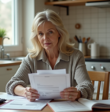 Maison : frais mensuel à prévoir pour résidence principale Femme d'âge moyen réfléchissant avec factures et calculatrice dans la cuisine