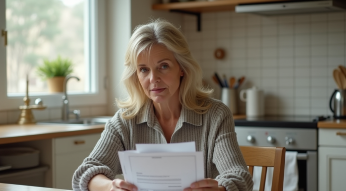 Femme d'âge moyen réfléchissant avec factures et calculatrice dans la cuisine