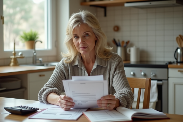 Femme d'âge moyen réfléchissant avec factures et calculatrice dans la cuisine