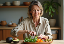 Femme d'âge moyen coupant un avocat dans la cuisine