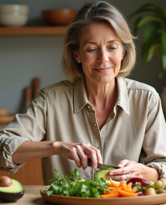 Femme d'âge moyen coupant un avocat dans la cuisine