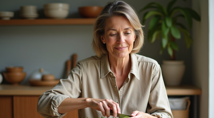 Femme d'âge moyen coupant un avocat dans la cuisine