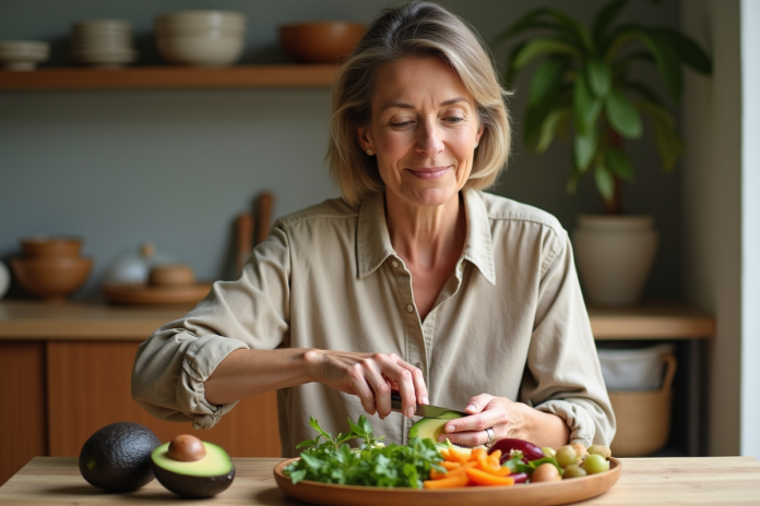 Femme d'âge moyen coupant un avocat dans la cuisine