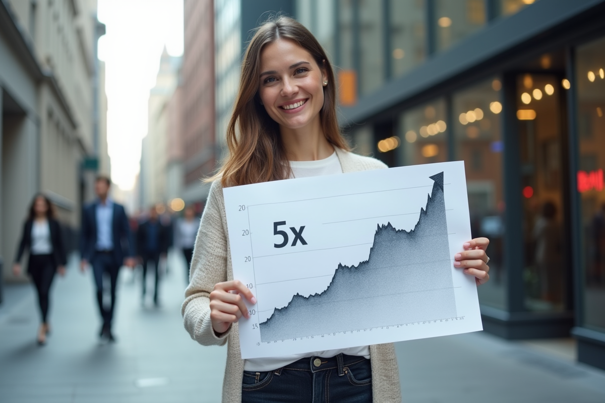 Jeune femme avec graphique en hausse dans le quartier d