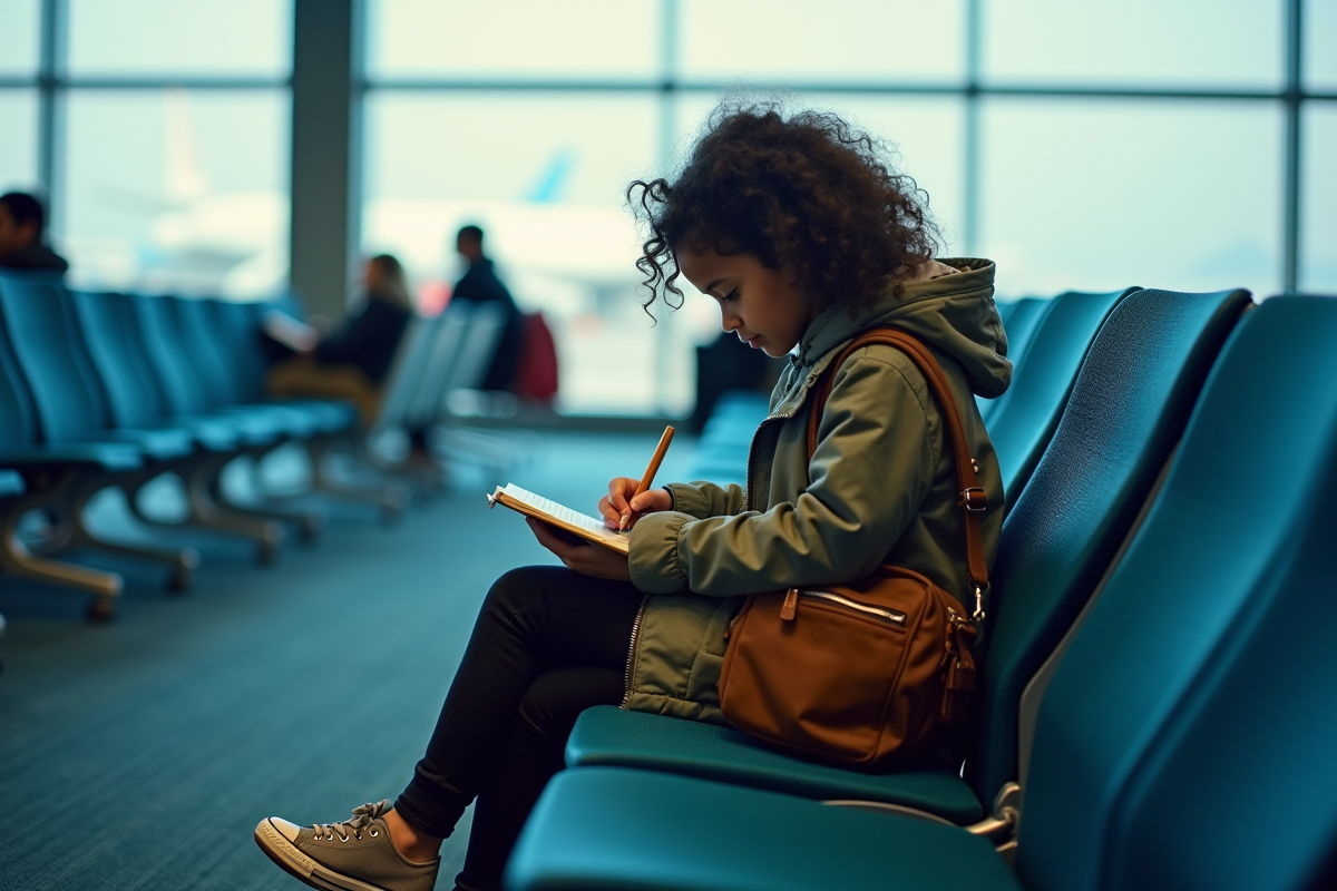 Fille de 13 ans écrivant dans un journal de voyage à l