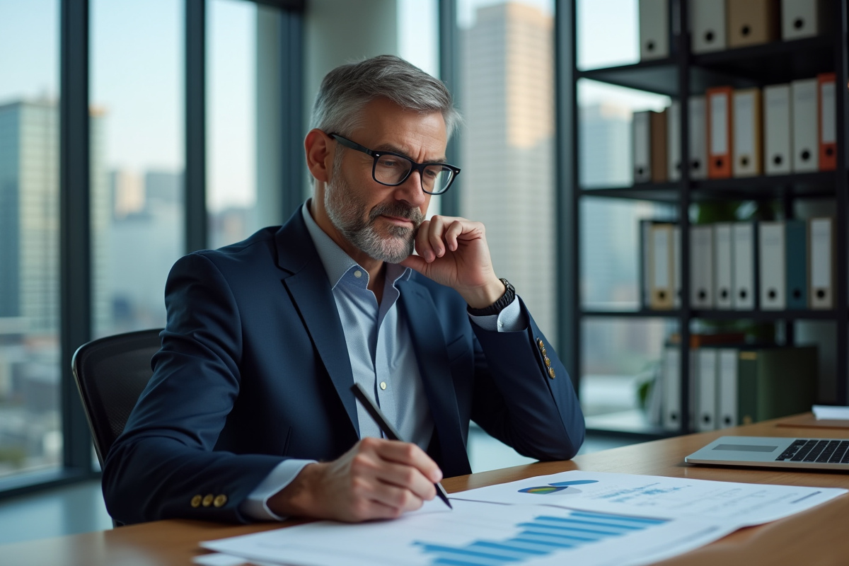 Homme d affaires en costume regardant un graphique en déclin