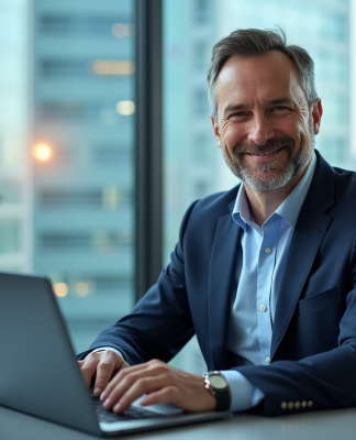 Homme d'affaires en costume regardant des graphiques financiers