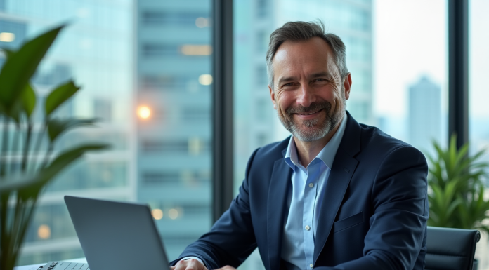 Homme d'affaires en costume regardant des graphiques financiers