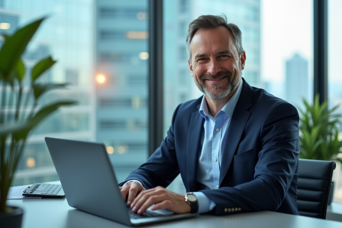 Homme d'affaires en costume regardant des graphiques financiers