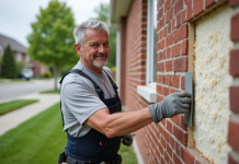 Homme moyenâgeux appliquant de l'isolation extérieure sur une maison