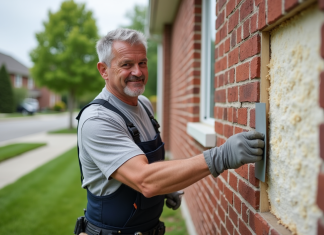 Homme moyenâgeux appliquant de l'isolation extérieure sur une maison