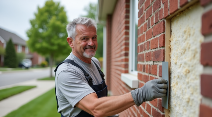 Homme moyenâgeux appliquant de l'isolation extérieure sur une maison